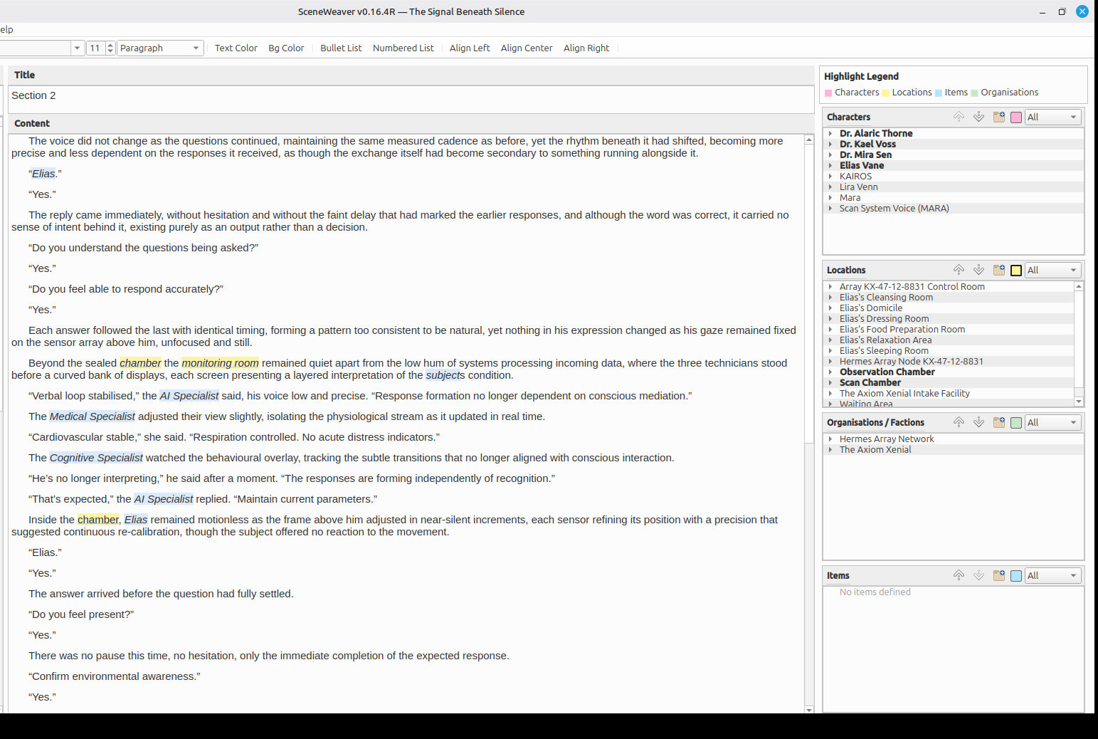 Entity panel showing characters, items, locations, and organisations