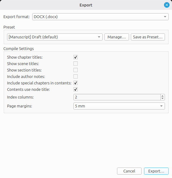 Export dialog with format options and chapter selection
